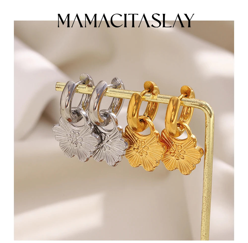 MamacitaSlay 316L Stainless Steel Flower Hoop Earrings 18K Gold Plated Waterproof Jewelry Women's Elegant Statement Earrings