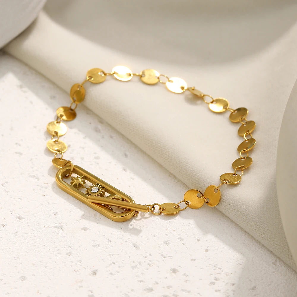 MamacitaSlay 316L Stainless Steel Celestial Sun Moon Star OT Chain Bracelet 18K Gold Plated Waterproof Jewelry For Women Gift
