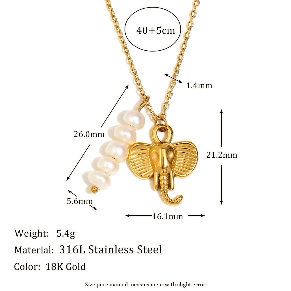 MamacitaSlay Stainless Steel Pearl Elephant Necklace Vacation Party Waterproof Jewelry Women's Charm High Quality Neck Jewelry