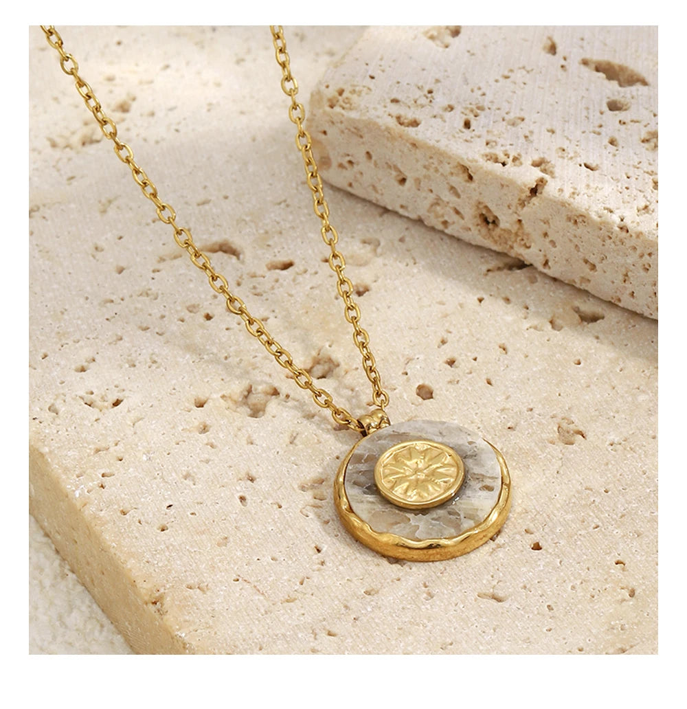 MamacitaSlay 316L Stainless Steel Marble Round Sun Necklace 18K Gold Plated Waterproof Jewelry Women's Minimalist Retro Necklace