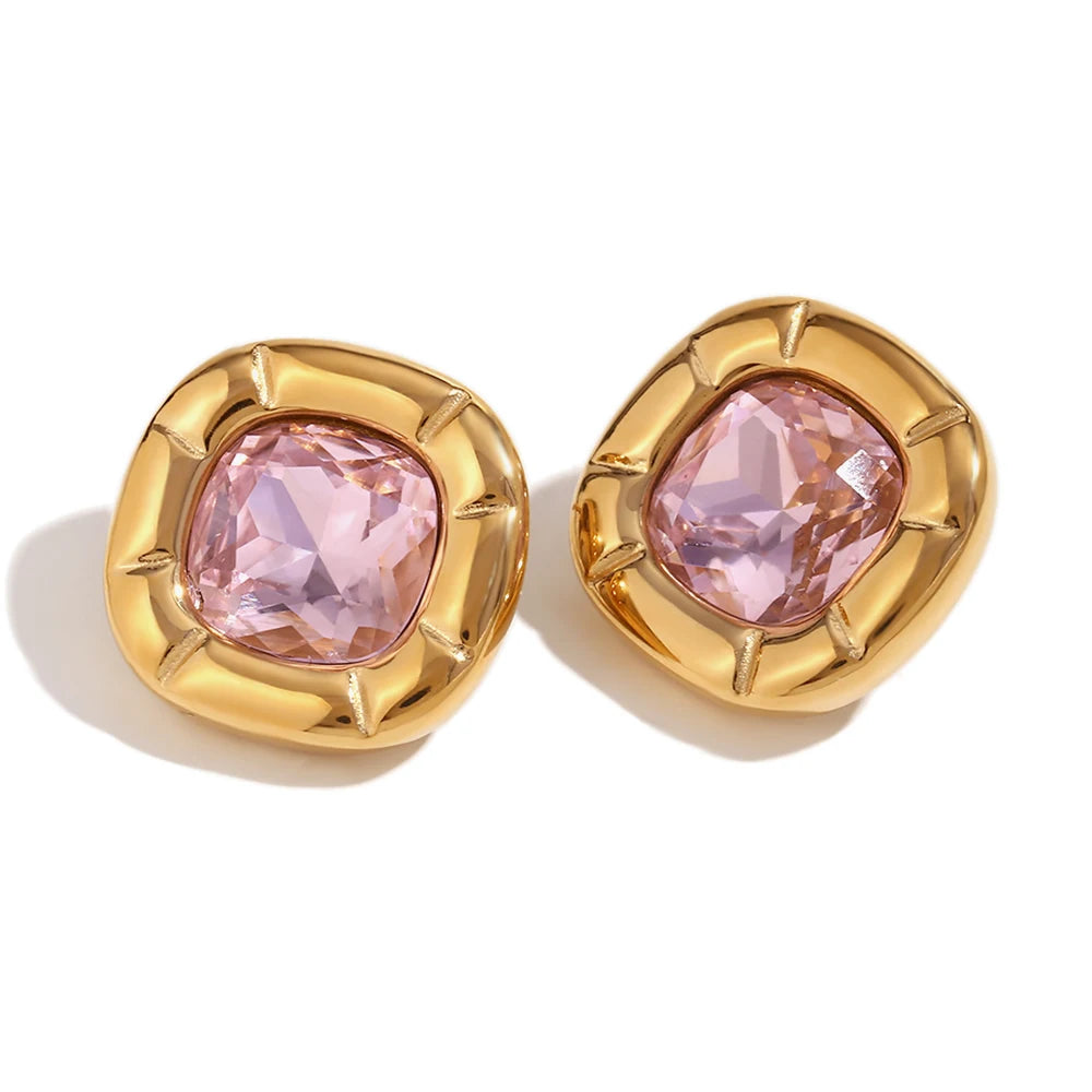 MamacitaSlay 18K Gold Plated Stainless Steel Rounded Square Zircon Necklace Earring Ring Women's Fashionable Waterproof Jewelry