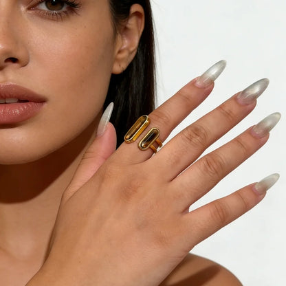 MamacitaSlay 316L Stainless Steel Tiger Eye Asymmetric Ring 18K Gold Plated Waterproof Vintage Jewelry For Women Everyday Wear