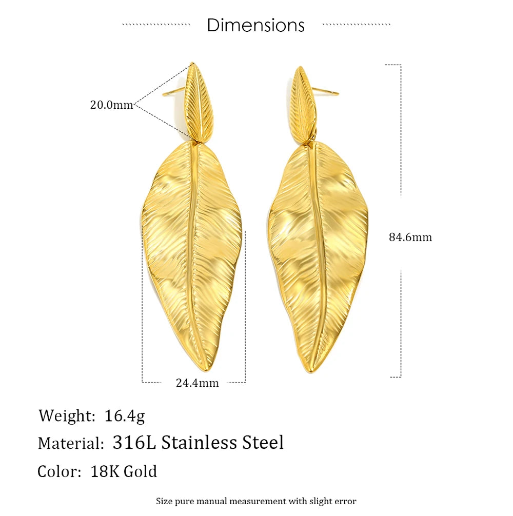 MamacitaSlay 316L Stainless Steel Double Leaf Dangle Earrings 18K Gold Plated Waterproof Jewelry For Women Statement Earrings