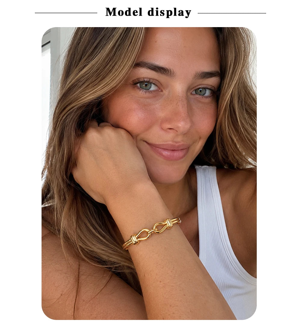 MamacitaSlay 316L Stainless Steel Interlocking Double Link Bangle 18K Gold Plated Waterproof Jewelry For Women Daily Bracelet