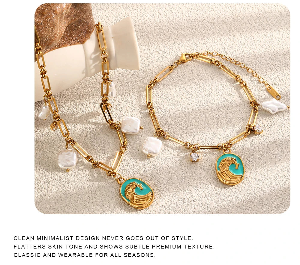 MamacitaSlay 316L Stainless Steel Baroque Pearl Enamel Pendant Bracelet Necklace 18K Gold Plated Waterproof Jewelry For Women