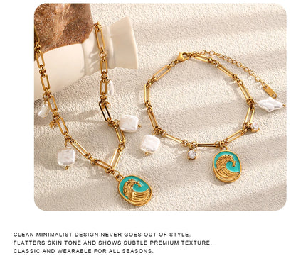 MamacitaSlay 316L Stainless Steel Baroque Pearl Enamel Pendant Bracelet Necklace 18K Gold Plated Waterproof Jewelry For Women