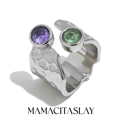 MamacitaSlay 316L Stainless Steel Hammered Texture Asymmetric Zircon Ring 18K Gold Plated Waterproof Vintage Jewelry For Women