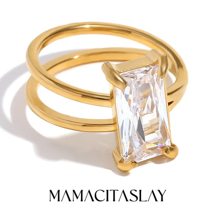 MamacitaSlay Minimalist Double-Layer Rectangle Zircon Left And Right Asymmetrical Women's rings stainless steel women's jewelry