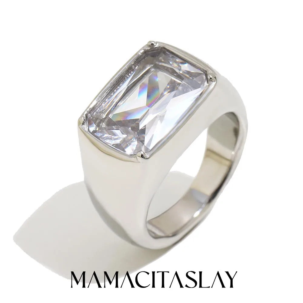 MamacitaSlay 316L Stainless Steel CZ Solitaire Stackable Ring 18K Gold Plated Waterproof Jewelry For Women Elegant Daily Wear