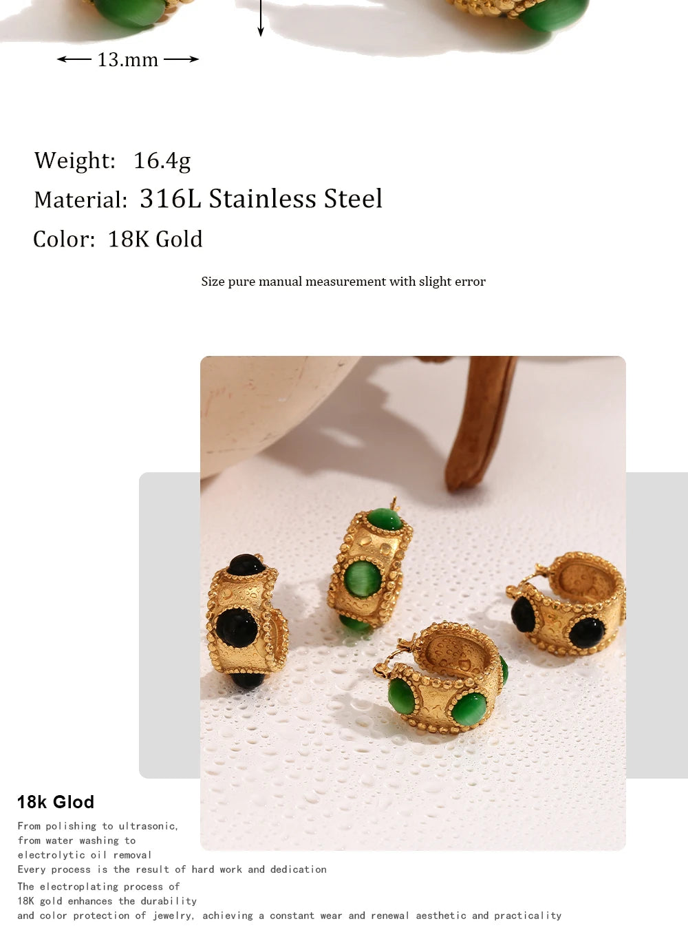 MamacitaSlay 316L Stainless Steel Retro Agate Beaded Edge Hoop Earrings 18K Gold Plated Waterproof Jewelry For Women Daily Wear