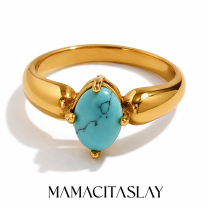 MamacitaSlay 316L Stainless Steel Oval Zircon Natural Stone Stacked Ring 18K Gold Plated Waterproof Vintage Jewelry For Women
