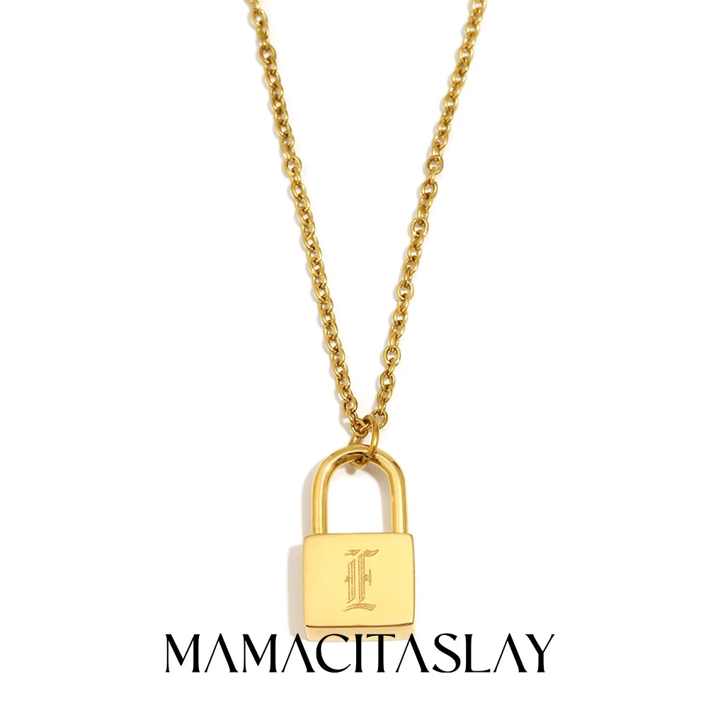 MamacitaSlay 316L Stainless Steel Ancient Letters Engaged Lock Pendant Necklace 18K Gold Plated Waterproof Neck Jewelry Gift