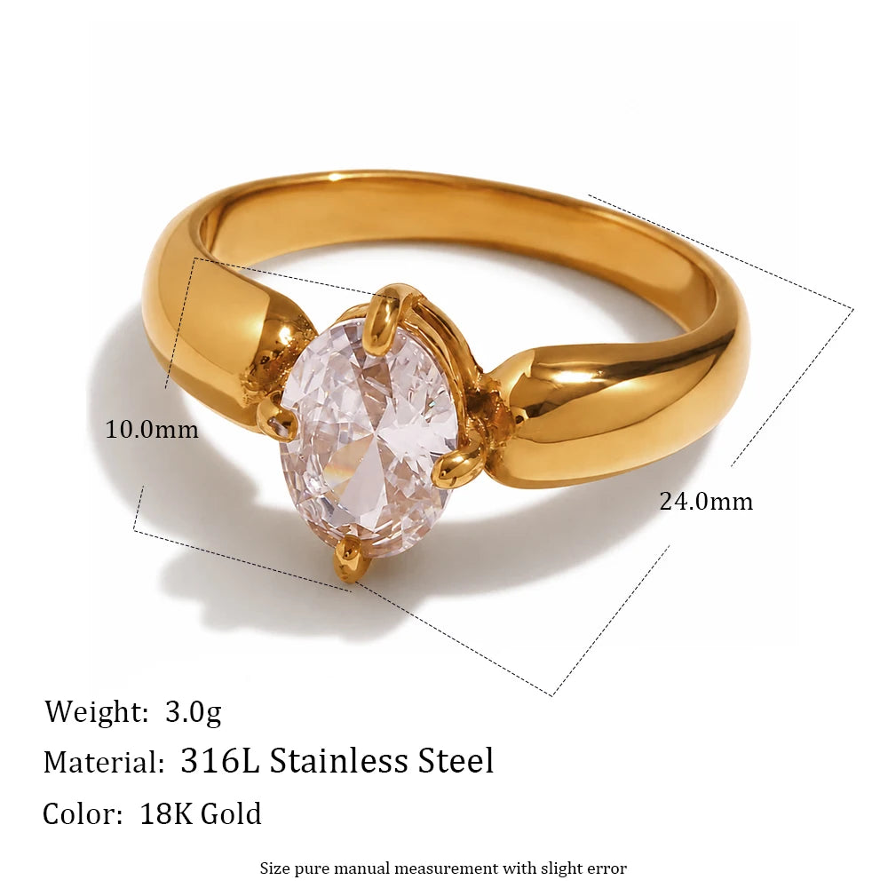 MamacitaSlay 316L Stainless Steel Oval Zircon Natural Stone Stacked Ring 18K Gold Plated Waterproof Vintage Jewelry For Women