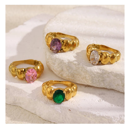 MamacitaSlay Classic 316L Stainless Steel Oval Multicolor Zircon Ring 18K Gold Plated Waterproof Jewelry For Women Everyday Wear
