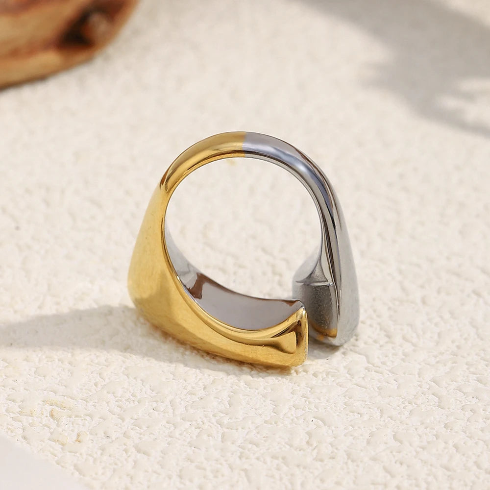MamacitaSlay 316L Stainless Steel Two Tone Willow Asymmetrical Opening Ring Party Waterproof Jewelry Women's Unique Cool Ring