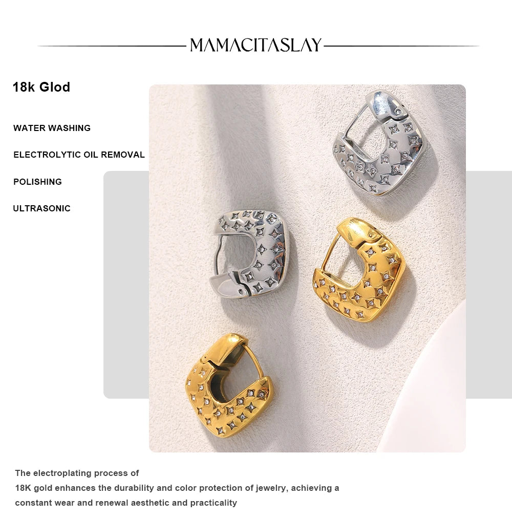 MamacitaSlay 316L Stainless Steel Zircon Star Square Hoop Earrings 18K Gold Plated Waterproof Jewelry For Women Gift Daily Wear