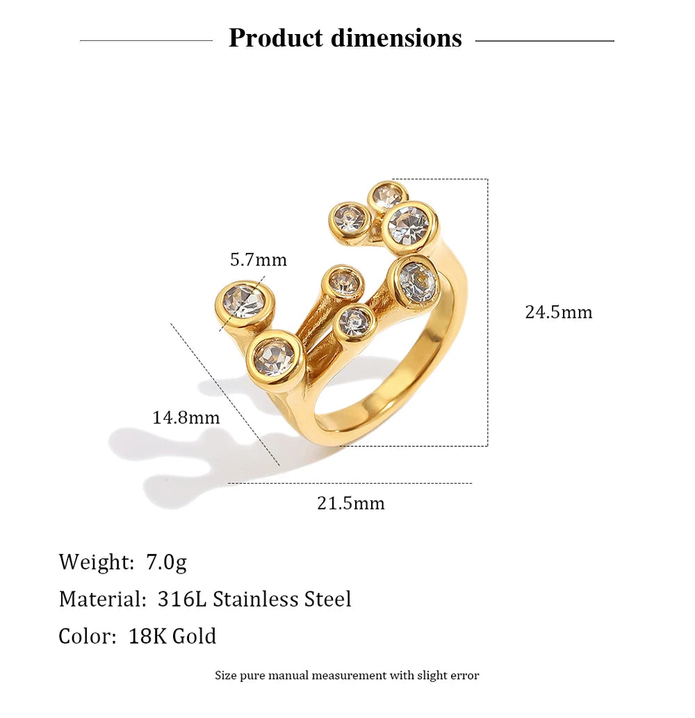 MamacitaSlay 316L Stainless Steel Multicolor CZ Branch Shape Open Ring 18K Gold Plated Waterproof Jewelry For Women Party Gift