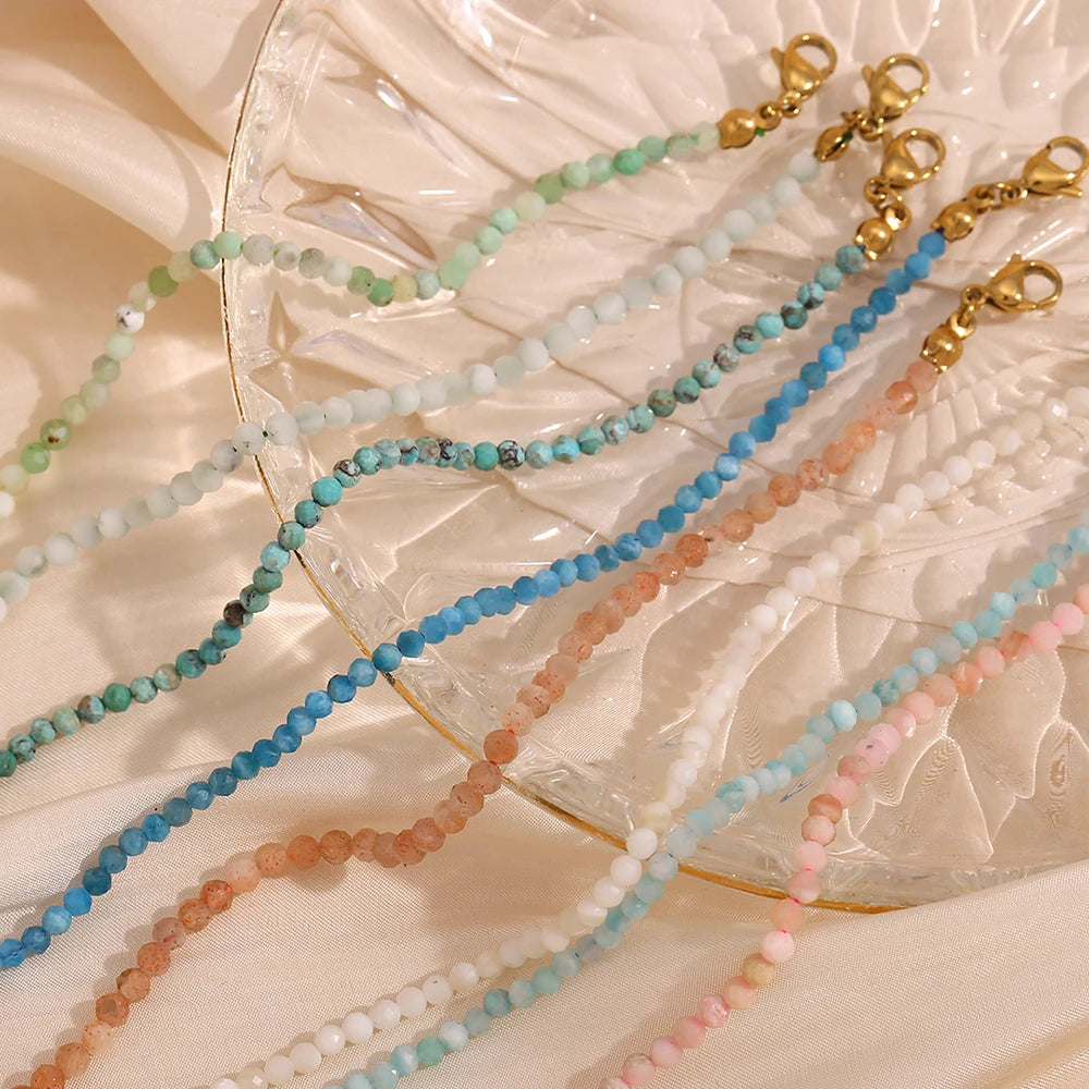 MamacitaSlay Summer 3mm natural stone amazonite Turquoise Jade Larimar Bracelet on the leg Waterproof Anklets jewellery women