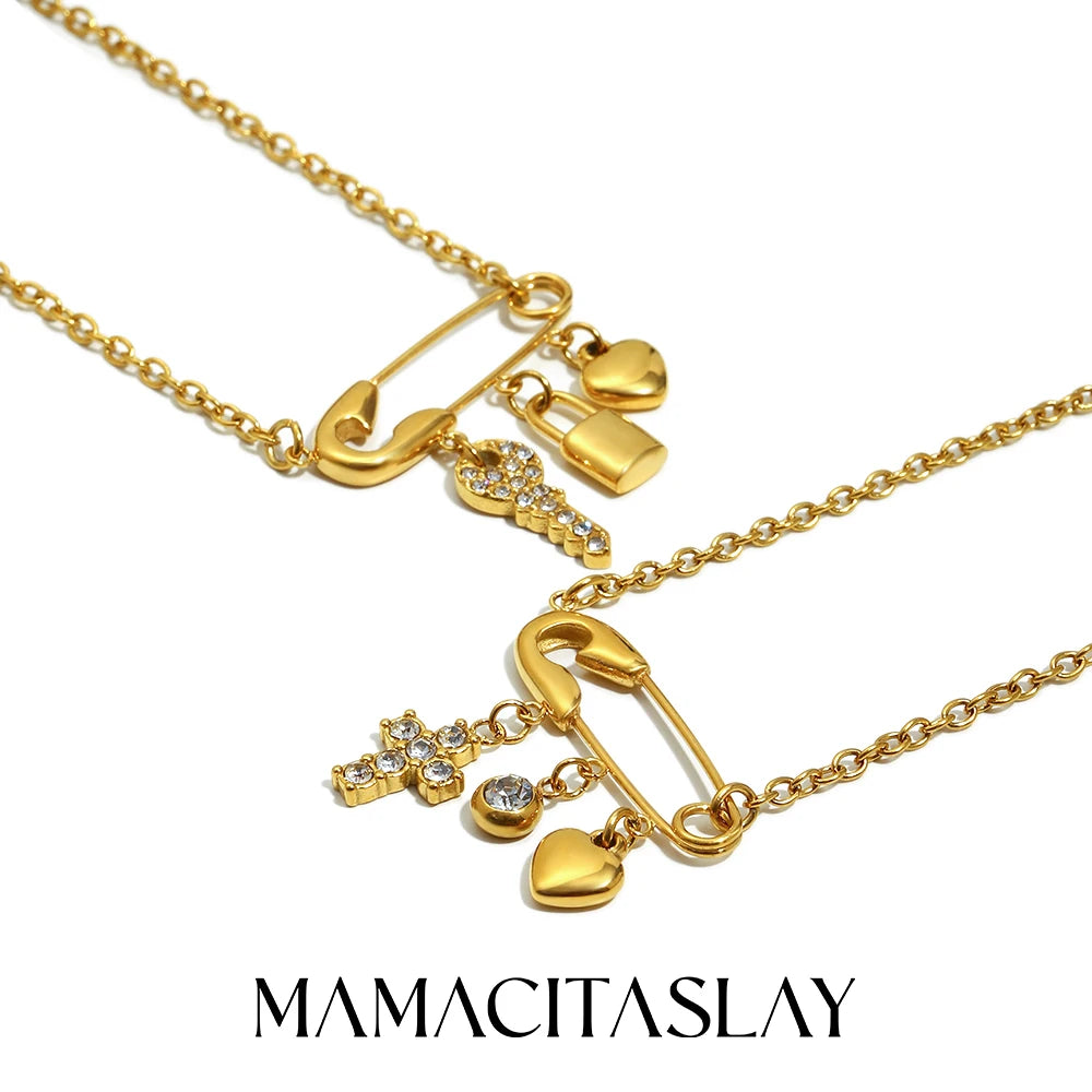 MamacitaSlay 316L Stainless Steel Zircon Paper Clip Key Lock Cross Pendant Necklace Waterproof Jewelry Women's Creative Necklace