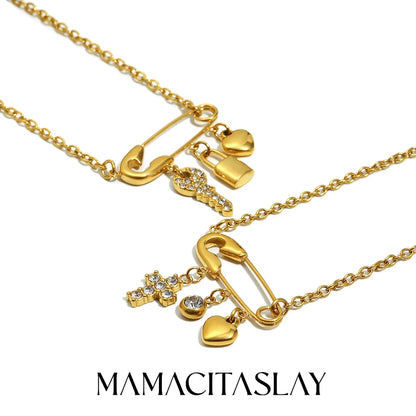 MamacitaSlay 316L Stainless Steel Zircon Paper Clip Key Lock Cross Pendant Necklace Waterproof Jewelry Women's Creative Necklace