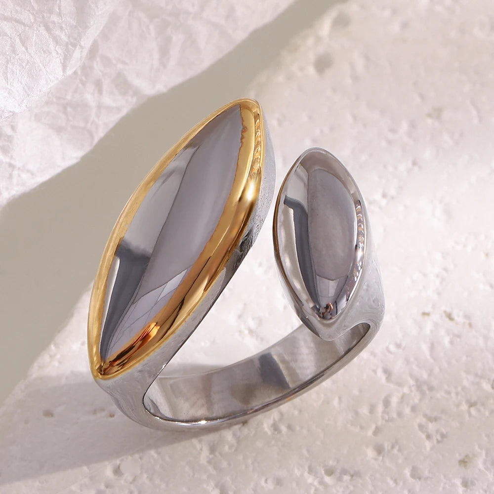 MamacitaSlay 316L Stainless Steel Two Tone Asymmetric Oval Opening Ring Party Waterproof Jewelry Women's Unique Cool Ring Gift