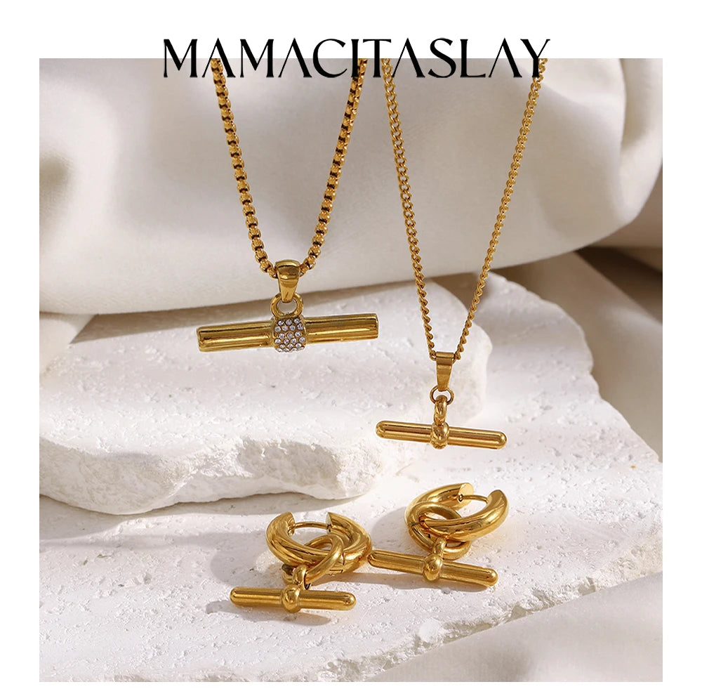 MamacitaSlay 316L Stainless Steel T-Bar Pendant Necklace Earrings Waterproof 18K Gold Plated Jewelry Women's Earrings Necklace