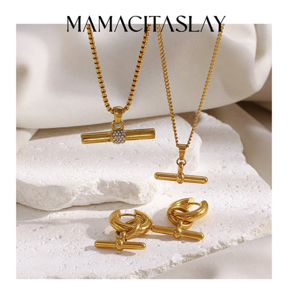 MamacitaSlay 316L Stainless Steel T-Bar Pendant Necklace Earrings Waterproof 18K Gold Plated Jewelry Women's Earrings Necklace