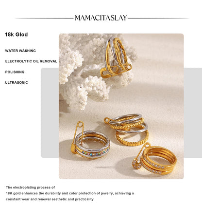 MamacitaSlay 316L Stainless Steel Zircon Mixed Color Multilayer Paperclip Ring Party Waterproof Jewelry Women's Unique Ring Gift