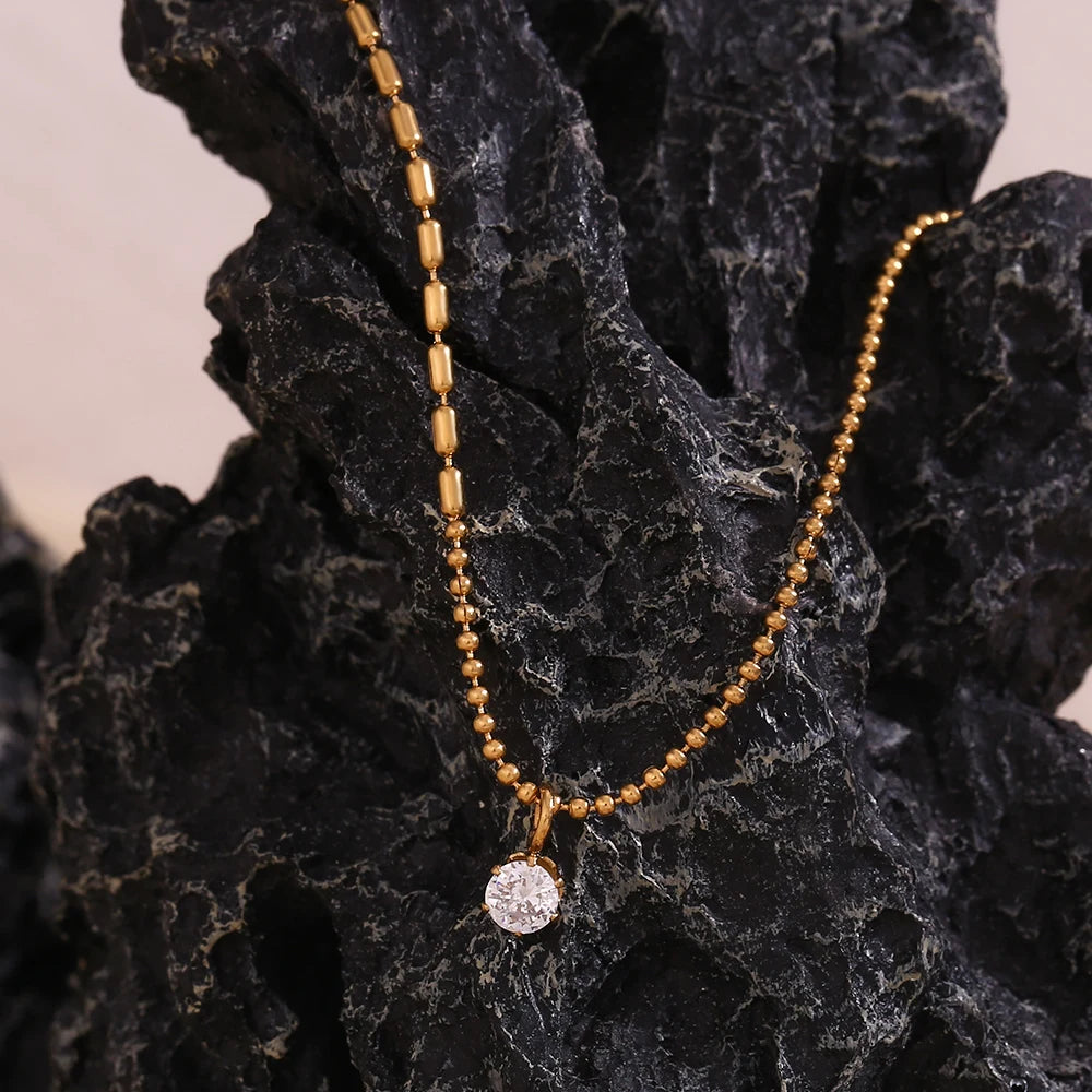 MamacitaSlay Elegant Half Rice Beads Chain Half Round Beads Chain Shiny Round Zircon Pendant Women's Stainless Steel Necklace
