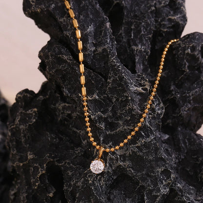 MamacitaSlay Elegant Half Rice Beads Chain Half Round Beads Chain Shiny Round Zircon Pendant Women's Stainless Steel Necklace