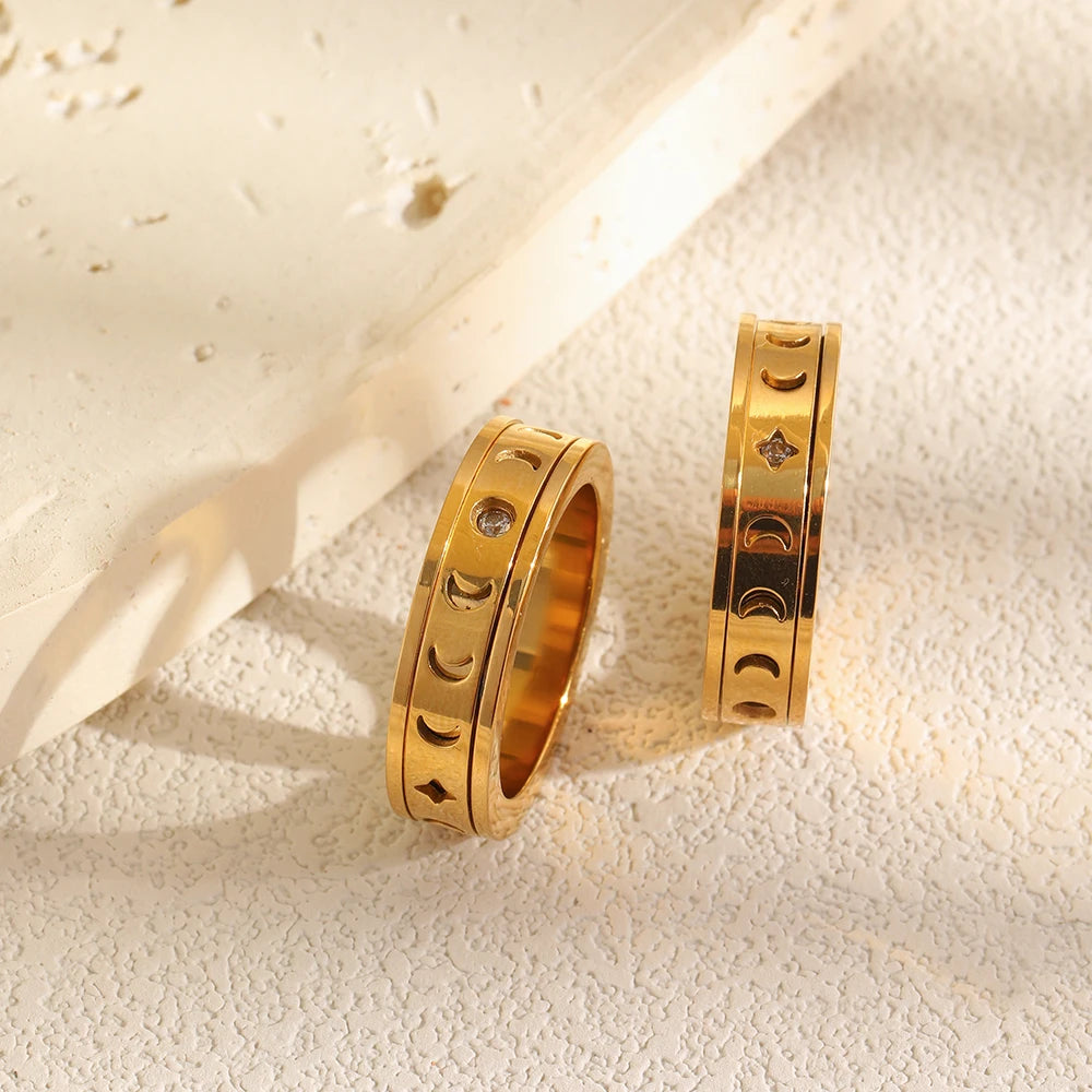 MamacitaSlay 316L Stainless Steel Spinning Moon Star Hollow Out Zircon Ring 18K Gold Plated Waterproof Jewelry For Women Gift