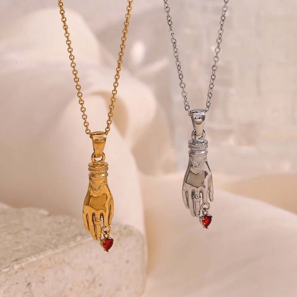 MamacitaSlay 316L Stainless Steel Red Heart Hand Pendant Necklace 18K Gold Plated Waterproof Jewelry For Women Vintage Style
