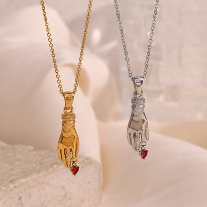 MamacitaSlay 316L Stainless Steel Red Heart Hand Pendant Necklace 18K Gold Plated Waterproof Jewelry For Women Vintage Style