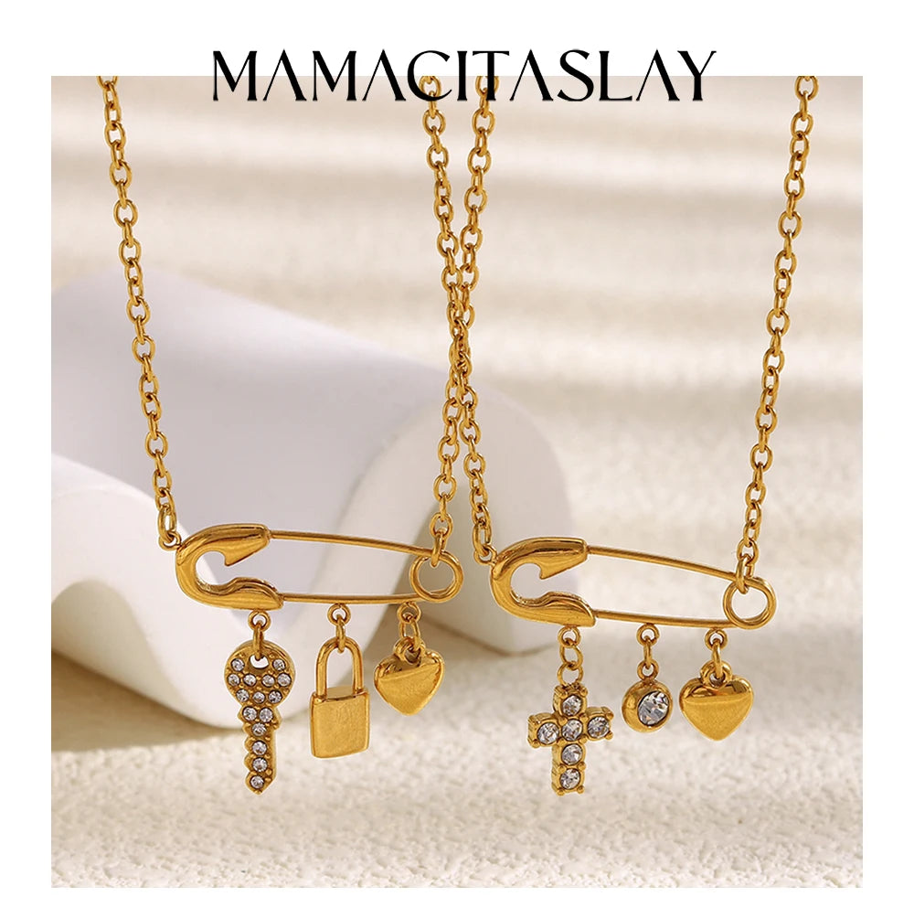 MamacitaSlay 316L Stainless Steel Zircon Paper Clip Key Lock Cross Pendant Necklace Waterproof Jewelry Women's Creative Necklace