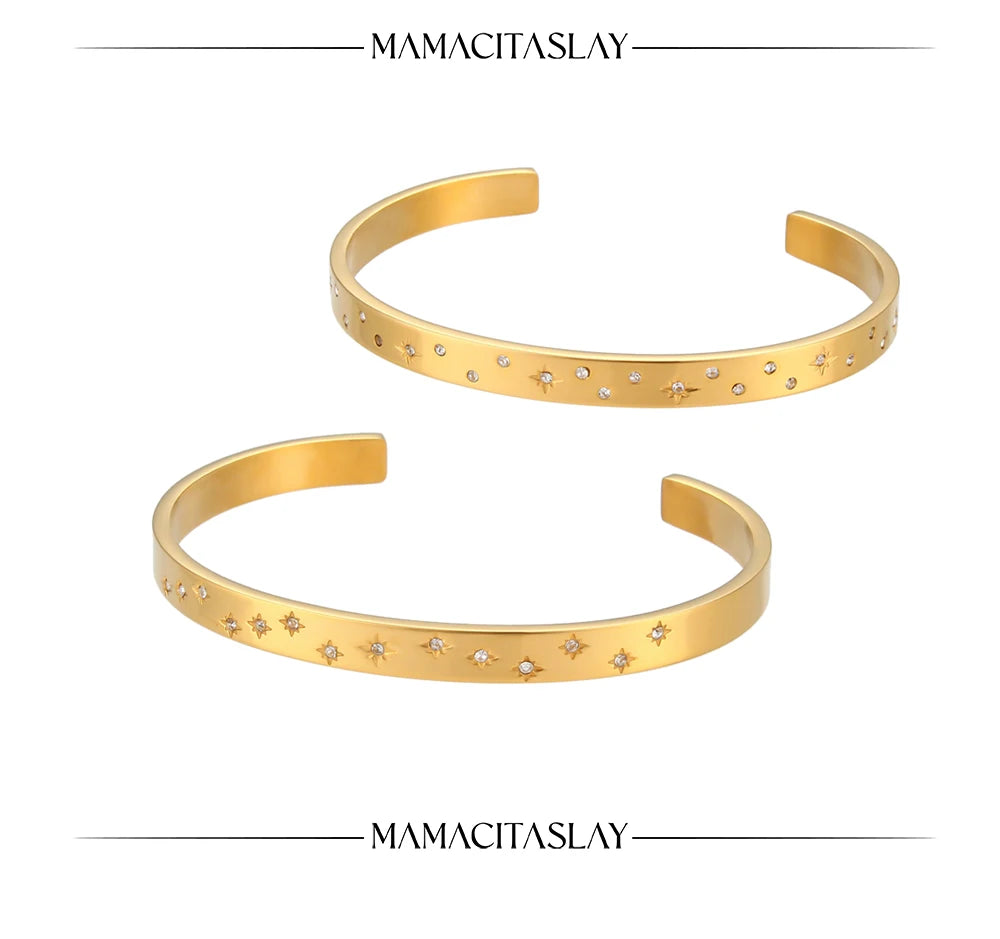 18K Gold Plated Deliacte Luxury Colorful Zircon Shiny Stars Cuff Bangles High Quality Waterproof Jewelry Bracelets for Women