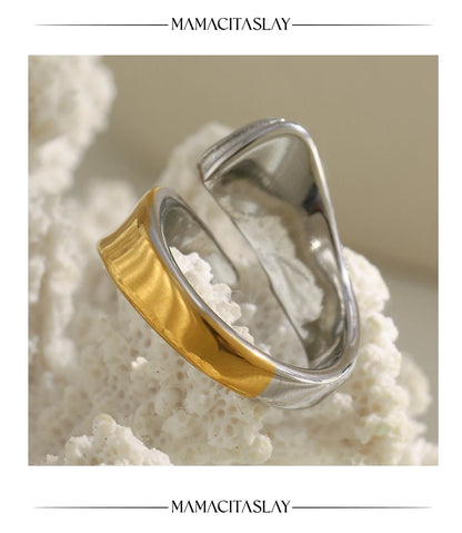 MamacitaSlay 316L Stainless Steel Two Tone Asymmetric Opening Ring Party Waterproof Jewelry Women's Unique Cool Creative Gift
