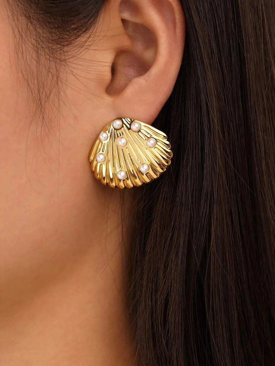 Golden Shell Pearl Stud Earrings