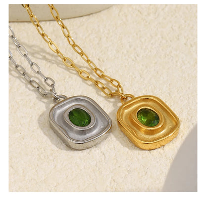 MamacitaSlay Retro Irregular Pendant Round Green Zircon Paper Clip Chain Women's Necklace Trendy Women's Stainless Steel Jewelry