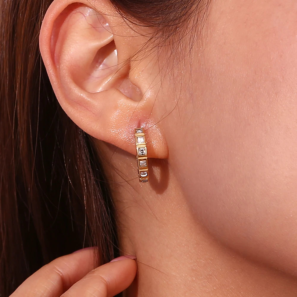 MamacitaSlay Classic Luxury Inlaid Square AAA Zircon Hoop Earrings Tarnish Free 18K Gold Plated Stainless Steel Earrings Woman