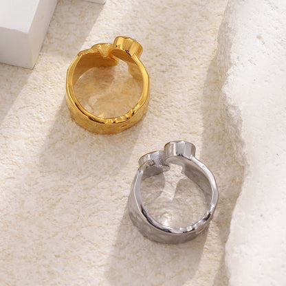 MamacitaSlay 316L Stainless Steel Hammered Texture Asymmetric Zircon Ring 18K Gold Plated Waterproof Vintage Jewelry For Women