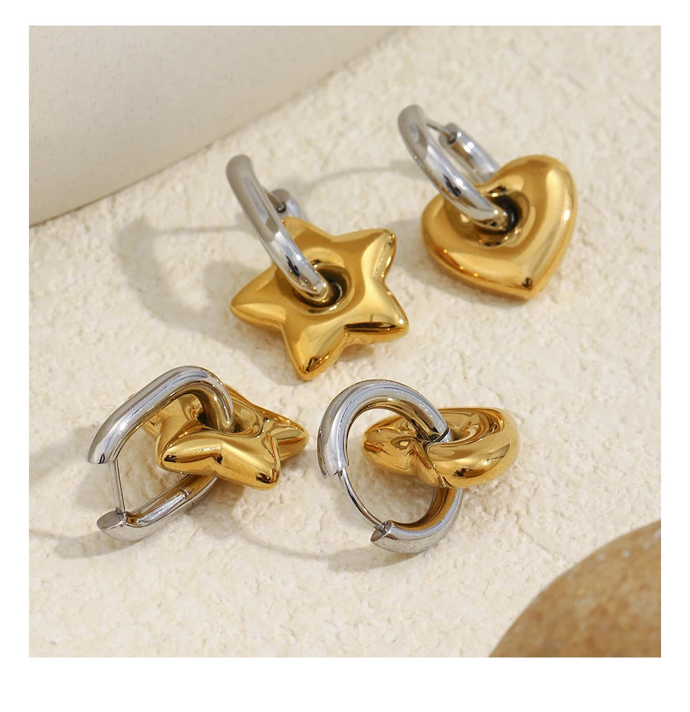 Mamacitaslay Mixed Color Star Heart Charm Hoop Earrings 316L Stainless Steel Waterproof Jewelry For Women Party Everyday Wear