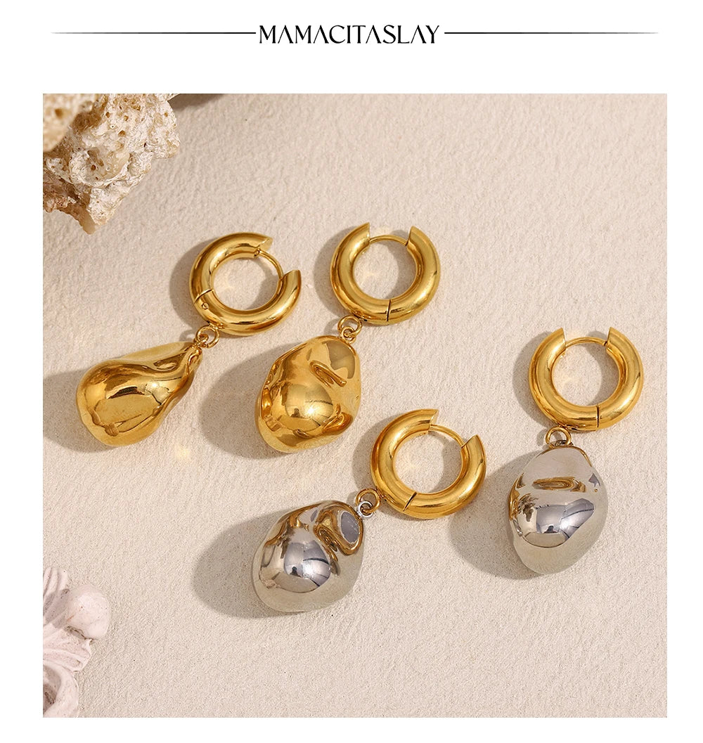 MamacitaSlay Unique Stainless Steel Double Color Irregular Pendant Hoop Earrings Women's Charm Waterproof Jewelry Creative Gift
