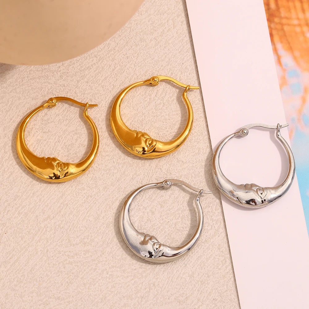 MamacitaSlay 18K Gold Plated Stainless Steel Moon Hoop Earrings Unique Waterproof Jewelry Women's Charm Statement Earrings Gift