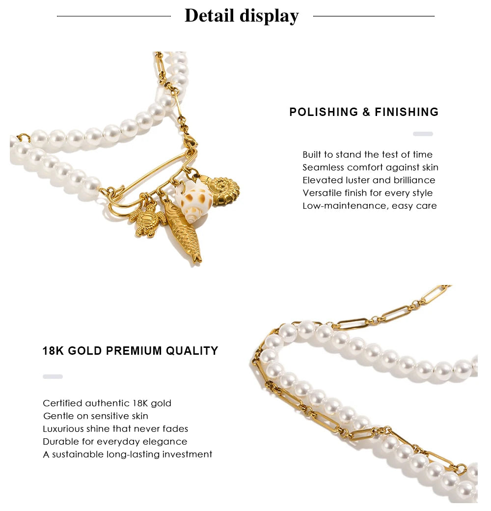 MamacitaSlay 316L Stainless Steel Pearl Paperclip Conch Shell Necklace 18K Gold Plated Waterproof Vacation Jewelry For Women