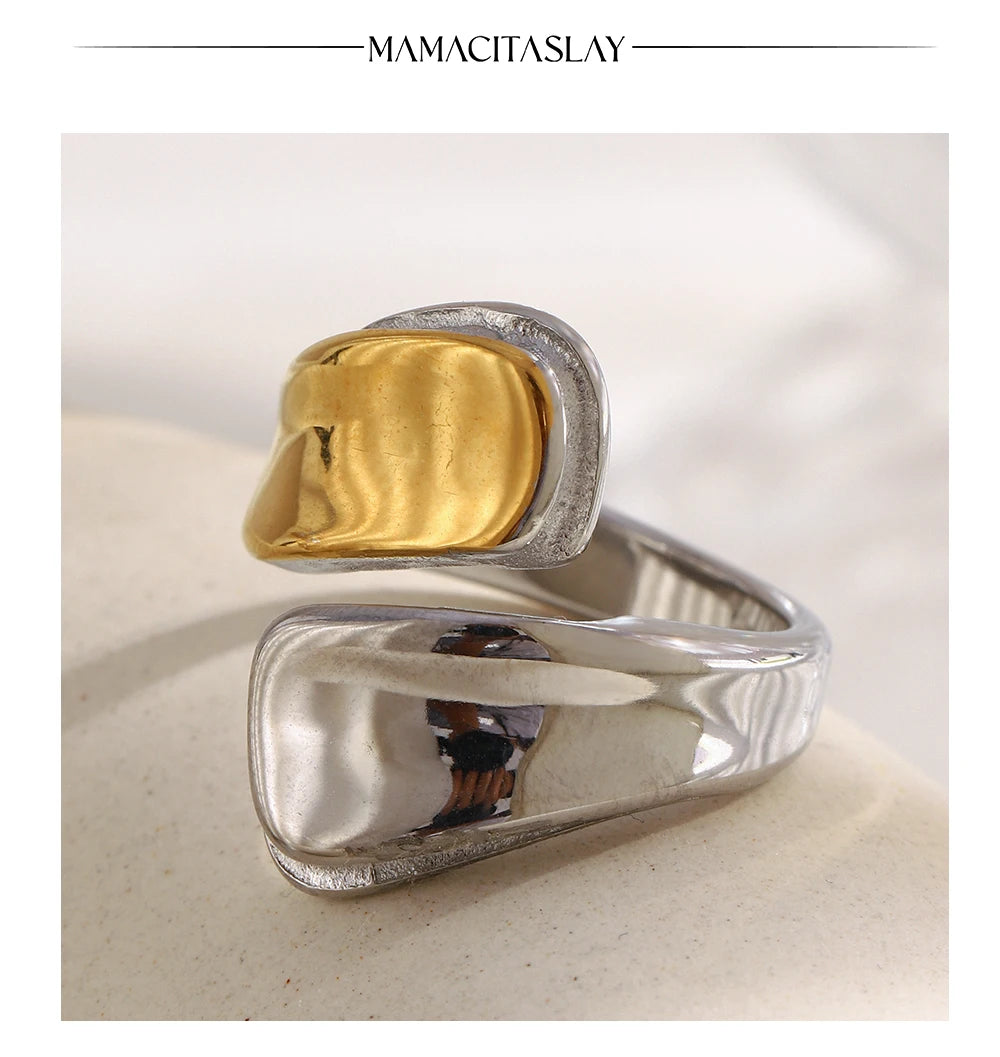 MamacitaSlay 316L Stainless Steel Two Tone Asymmetric Opening Ring Party Waterproof Jewelry Women's Unique Cool Creative Gift