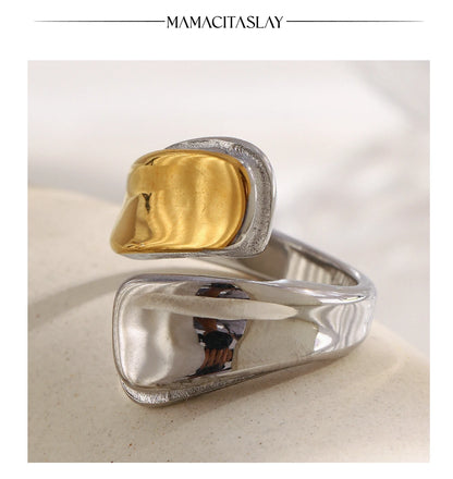 MamacitaSlay 316L Stainless Steel Two Tone Asymmetric Opening Ring Party Waterproof Jewelry Women's Unique Cool Creative Gift