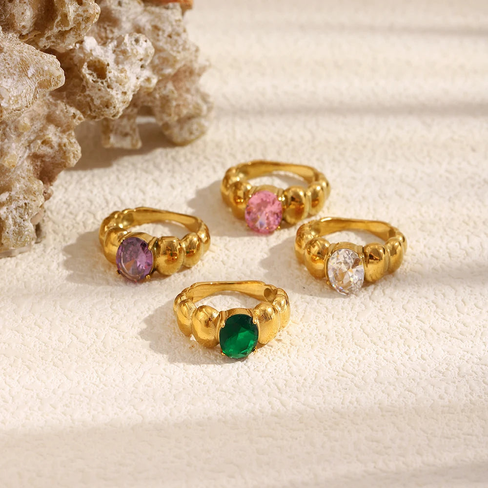 MamacitaSlay Classic 316L Stainless Steel Oval Multicolor Zircon Ring 18K Gold Plated Waterproof Jewelry For Women Everyday Wear