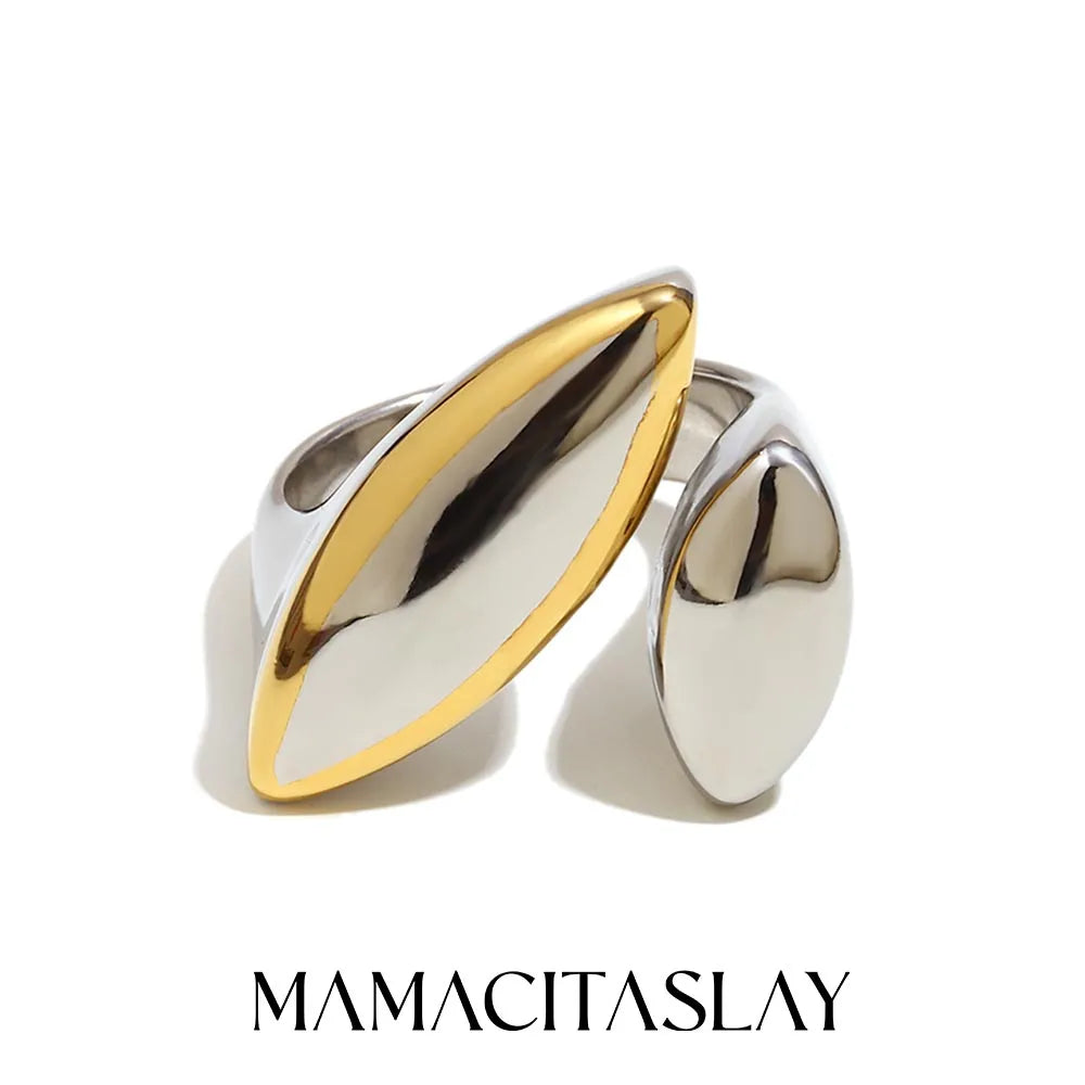 MamacitaSlay 316L Stainless Steel Two Tone Asymmetric Oval Opening Ring Party Waterproof Jewelry Women's Unique Cool Ring Gift