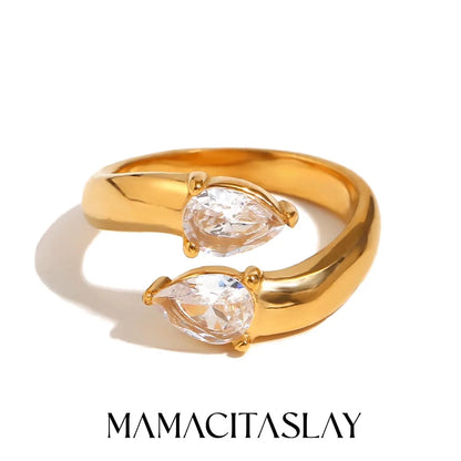 MamacitaSlay 316L Stainless Steel Double Zircon Serpentine Opening Ring Waterproof 18K Gold Plated Jewelry Women's Elegant Gift