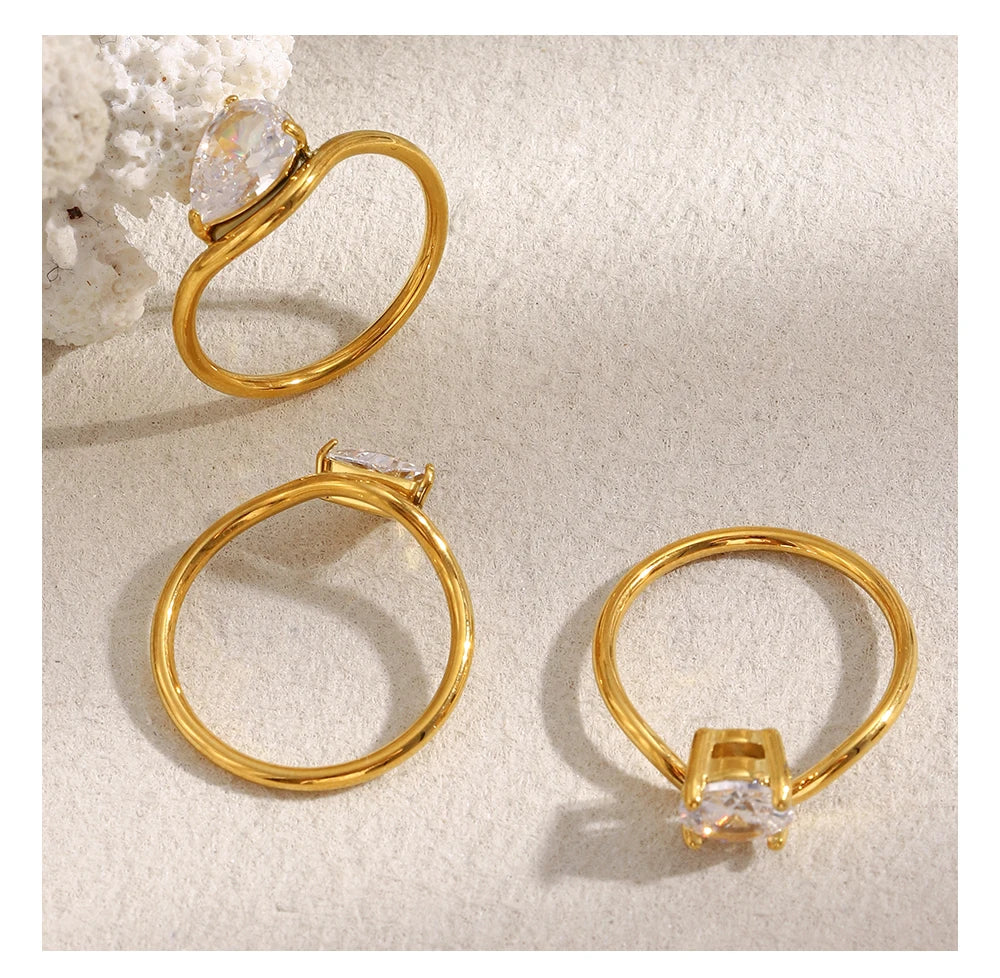 MamacitaSlay 316L Stainless Steel Water Drop Circular Triangle Zircon Wave Ring 18K Gold Plated Waterproof Jewelry For Women